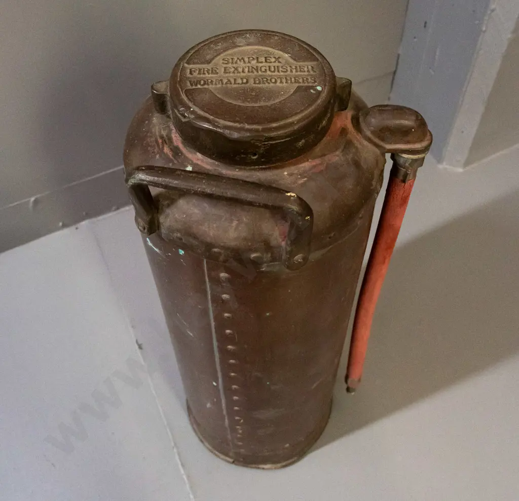 vintage copper Simplex / Wormald Brothers fire extinguisher with brass shield and fittings - age wear to hose, shield Image 1++