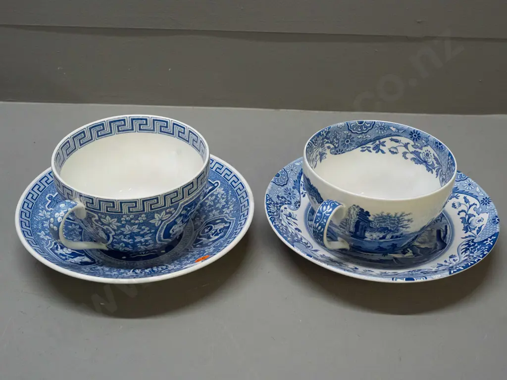 2 Spode Blue Room large (Jumbo Breakfast?) cups & saucers - Greek and Italian patterns - plates D-220 Image 1++
