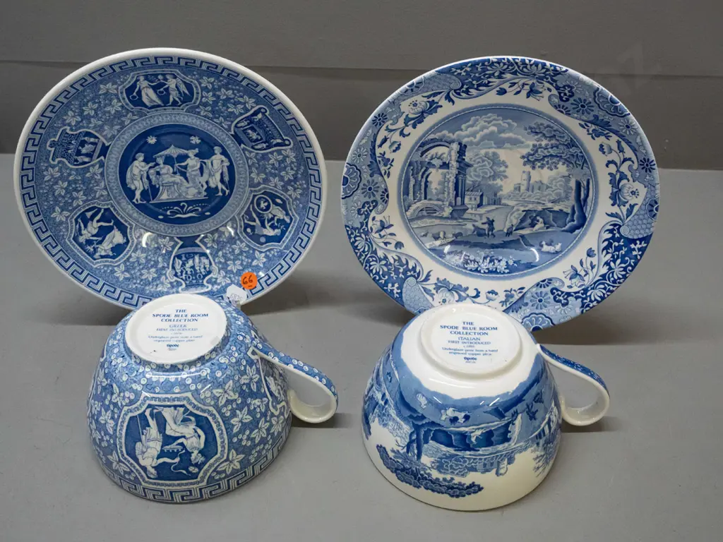 2 Spode Blue Room large (Jumbo Breakfast?) cups & saucers - Greek and Italian patterns - plates D-220 Image 1++