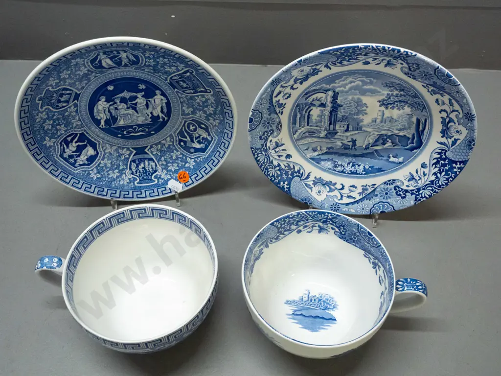 2 Spode Blue Room large (Jumbo Breakfast?) cups & saucers - Greek and Italian patterns - plates D-220 Image 1++