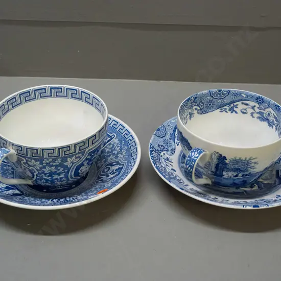 2 Spode Blue Room large (Jumbo Breakfast?) cups & saucers - Greek and Italian patterns - plates D-220