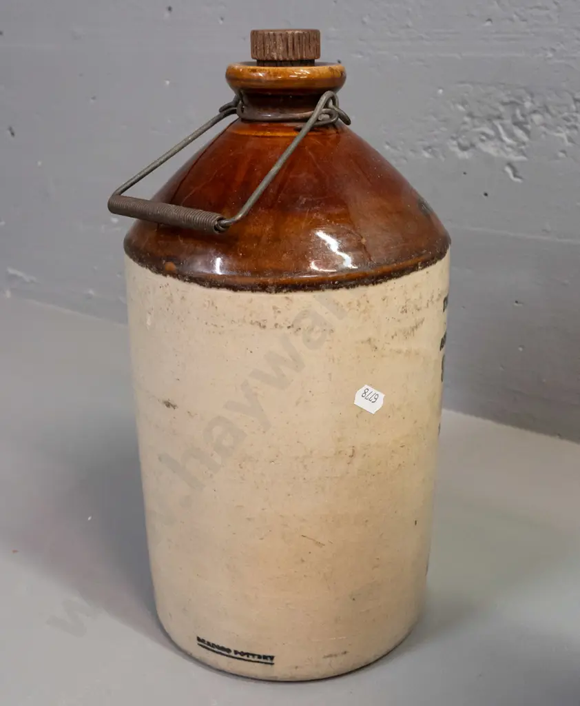 Sharpe Brothers Australia and New Zealand stoneware crock with Bendigo Potteries manufacturer's mark, threaded wooden Image 1++