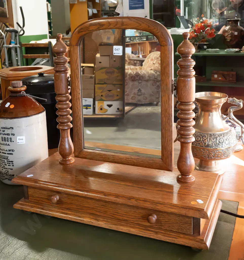 oak NZ-made reproduction Victorian style dresser-top mirror with arched top, bobbin-turned supports, drawer with turned Image 1++