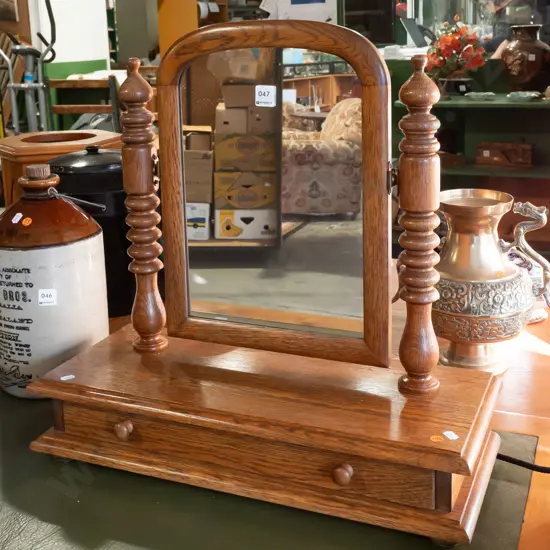 oak NZ-made reproduction Victorian style dresser-top mirror with arched top, bobbin-turned supports, drawer with turned