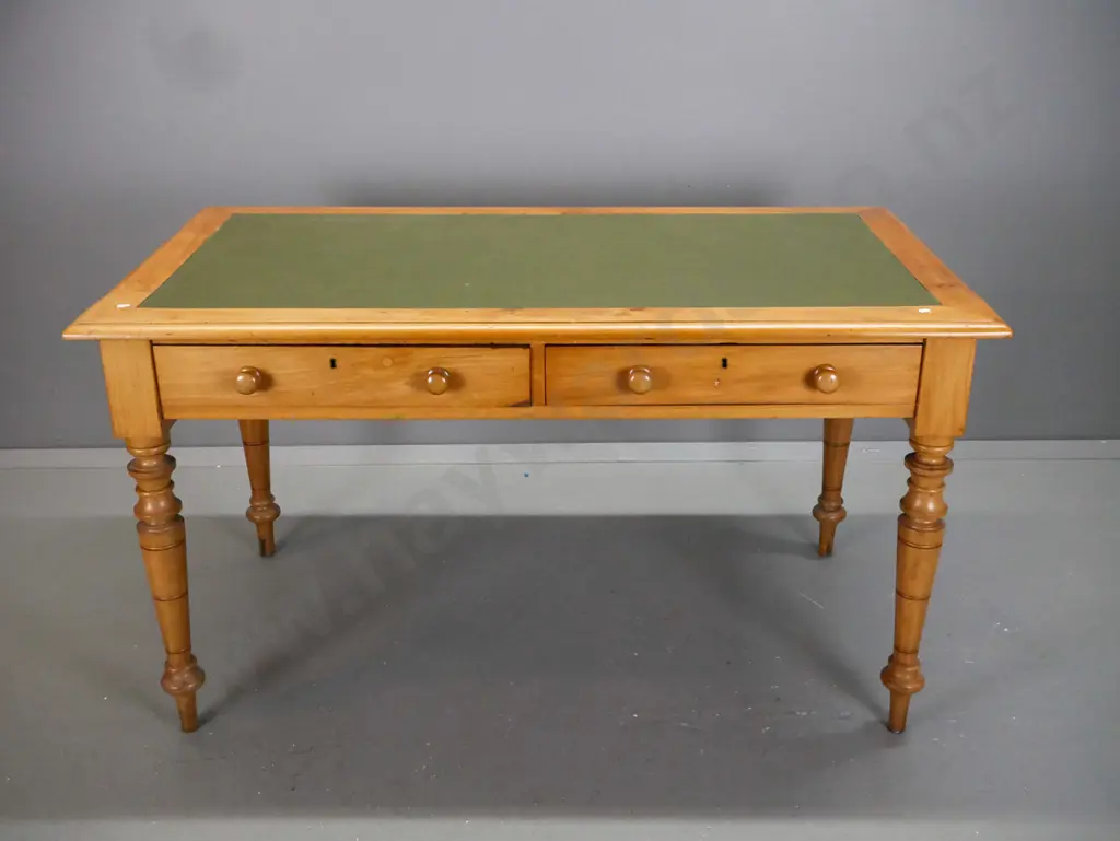 colonial rimu turned-leg library table with inset green leather writing surface, 2 drawers w/wooden knobs. Some bubbling Image 1++