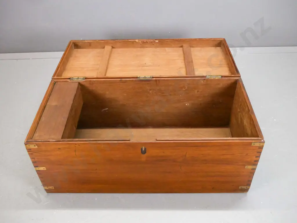 Victorian teak chest with hand-dovetailed joins, brass corner binding, caps, carry handles, candle box inside - missing Image 1++