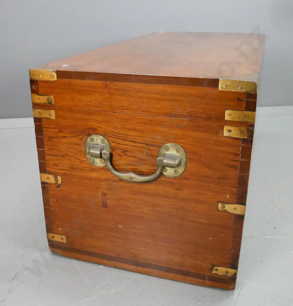 Victorian teak chest with hand-dovetailed joins, brass corner binding, caps, carry handles, candle box inside - missing Image 1++