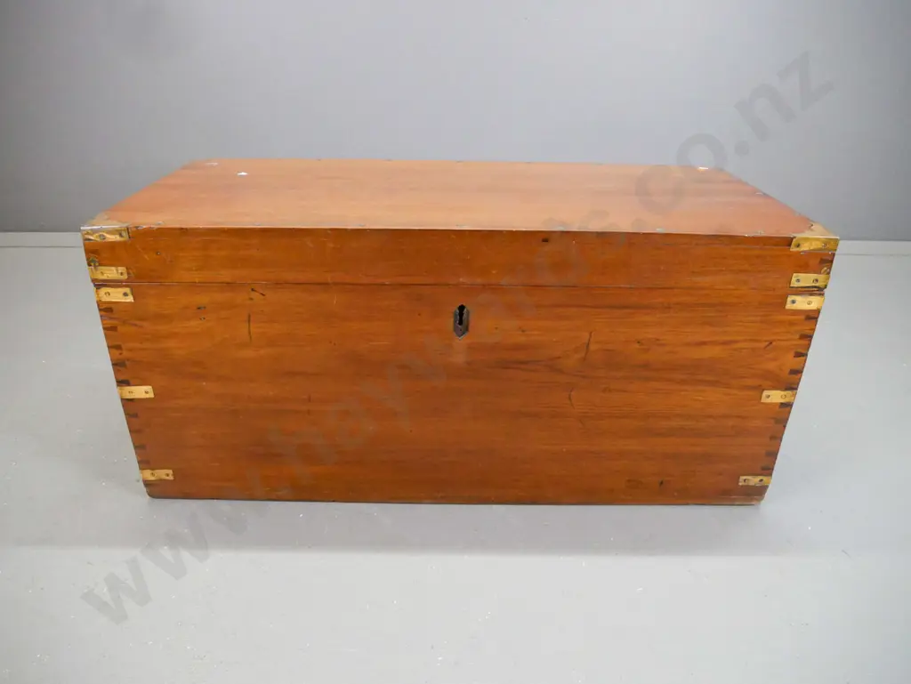 Victorian teak chest with hand-dovetailed joins, brass corner binding, caps, carry handles, candle box inside - missing Image 1++