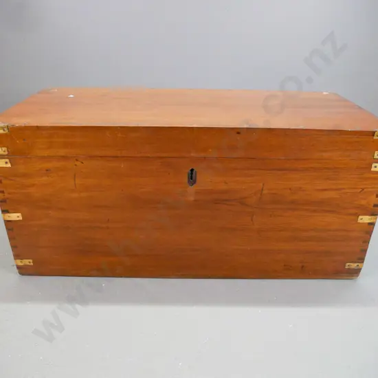 Victorian teak chest with hand-dovetailed joins, brass corner binding, caps, carry handles, candle box inside - missing