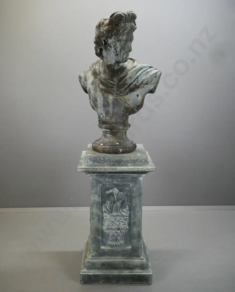 large moulded composite classical style bust of Apollo & separate plinth base with pictorial floral and basket panels - Image 1++