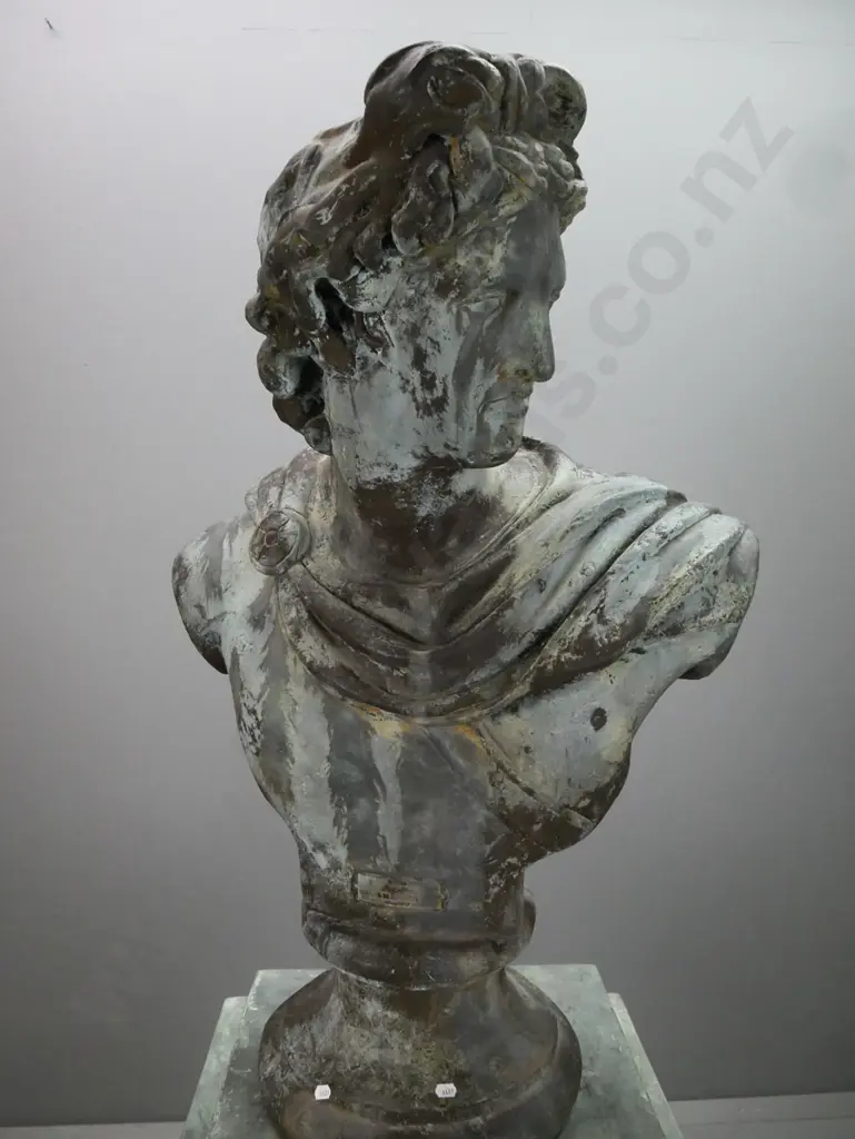 large moulded composite classical style bust of Apollo & separate plinth base with pictorial floral and basket panels - Image 1++