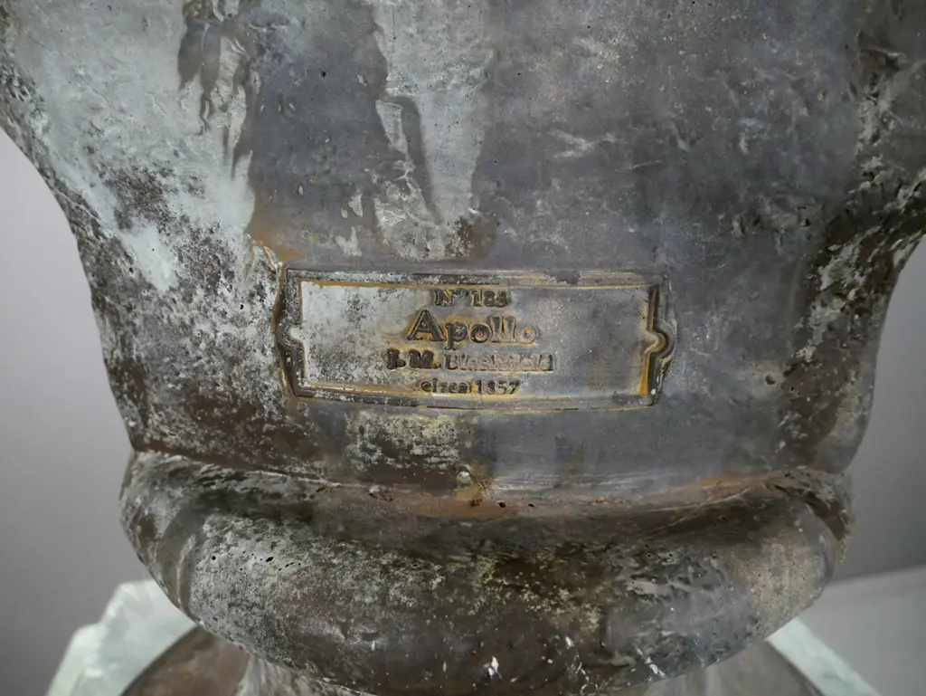 large moulded composite classical style bust of Apollo & separate plinth base with pictorial floral and basket panels - Image 1++