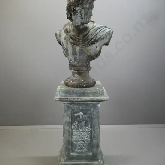 large moulded composite classical style bust of Apollo & separate plinth base with pictorial floral and basket panels -
