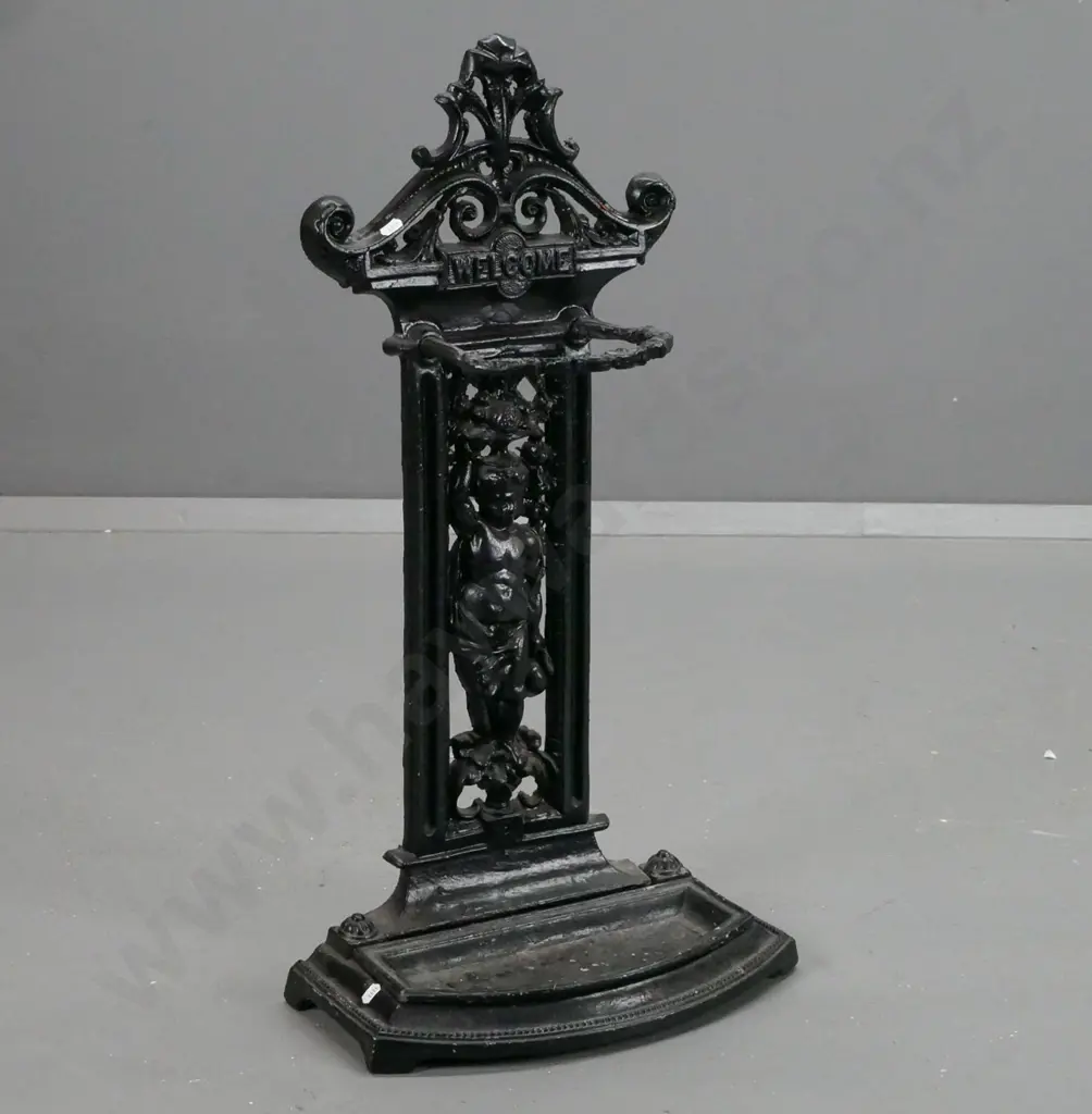 cast alloy umbrella & stick stand with putti motifs and "Welcome" - with drip tray - some paint chips H-740 W-390 D-200 Image 1++