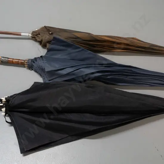 3 vintage umbrellas - small black English one with composite hoop handle, horn handled with repair to end cap, some