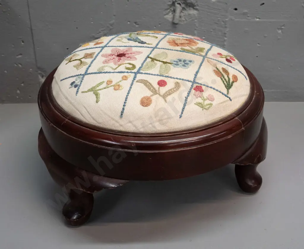 vintage mahogany low circular foot stool on short cab legs - some staining to floral embroidered fabric, minor scuffing Image 1++