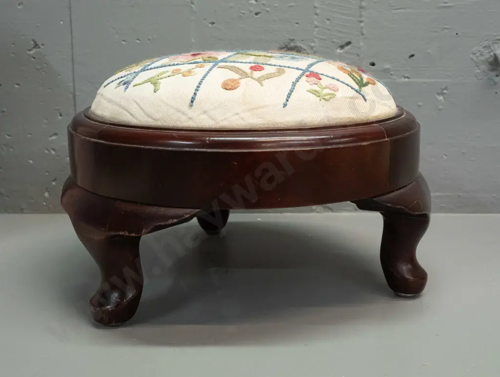 vintage mahogany low circular foot stool on short cab legs - some staining to floral embroidered fabric, minor scuffing Image 1++