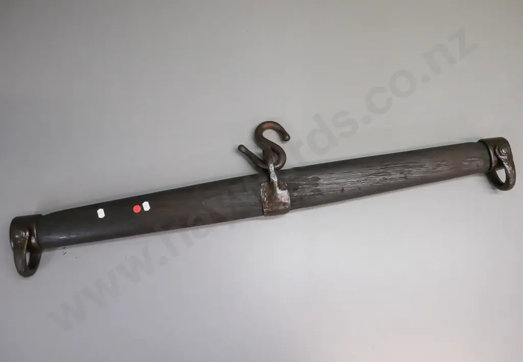 vintage swingle tree, hardwood, iron fittings, large S-hook in top loop, age wear and pitting to metalwork. L-1000 Image 1++