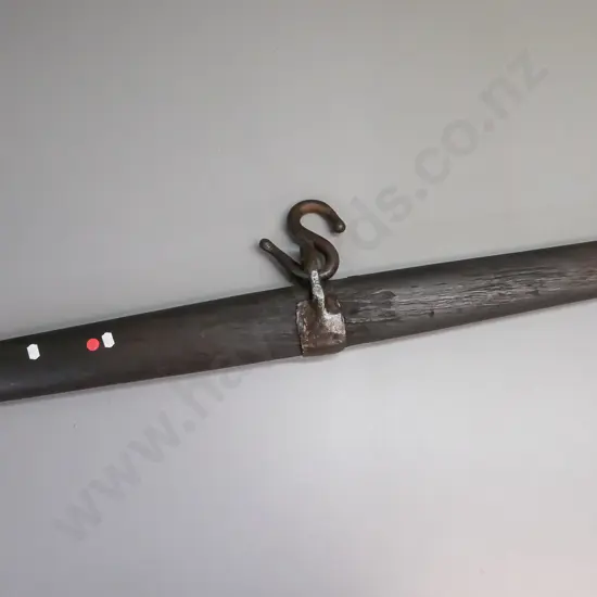 vintage swingle tree, hardwood, iron fittings, large S-hook in top loop, age wear and pitting to metalwork. L-1000