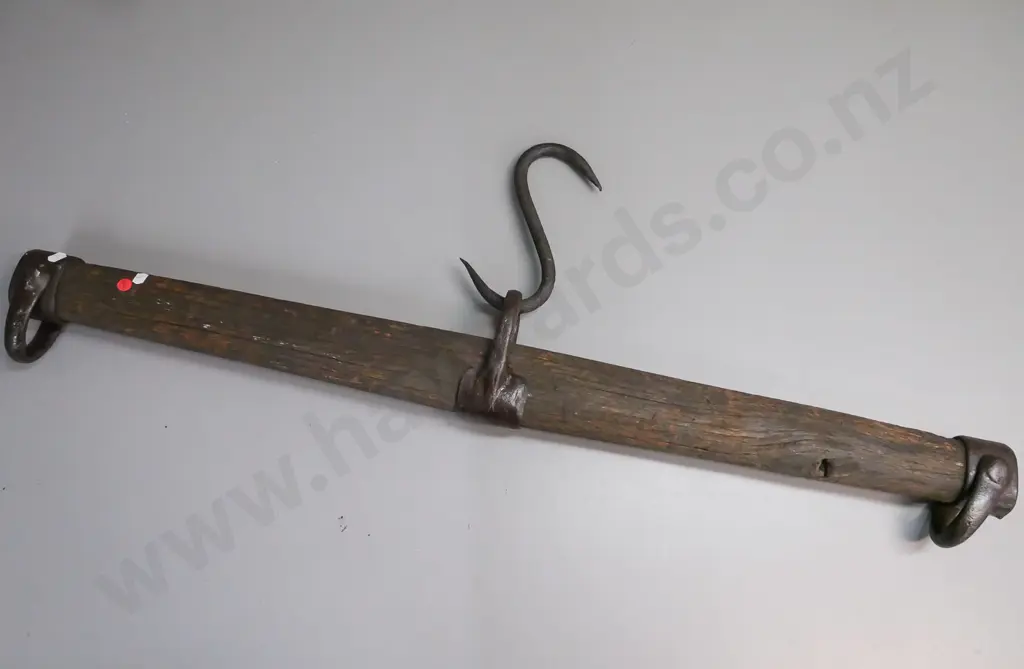 vintage swingle tree, hardwood, iron fittings, large S-hook in top loop, opening to grain of hardwood and pitting Image 1++