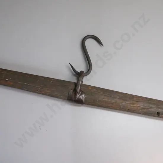 vintage swingle tree, hardwood, iron fittings, large S-hook in top loop, opening to grain of hardwood and pitting