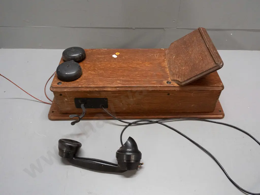 vintage oak-cased wall mount hand-crank telephone with bakelite hand set - fitted with 2 batteries made in 1971, inside Image 1++
