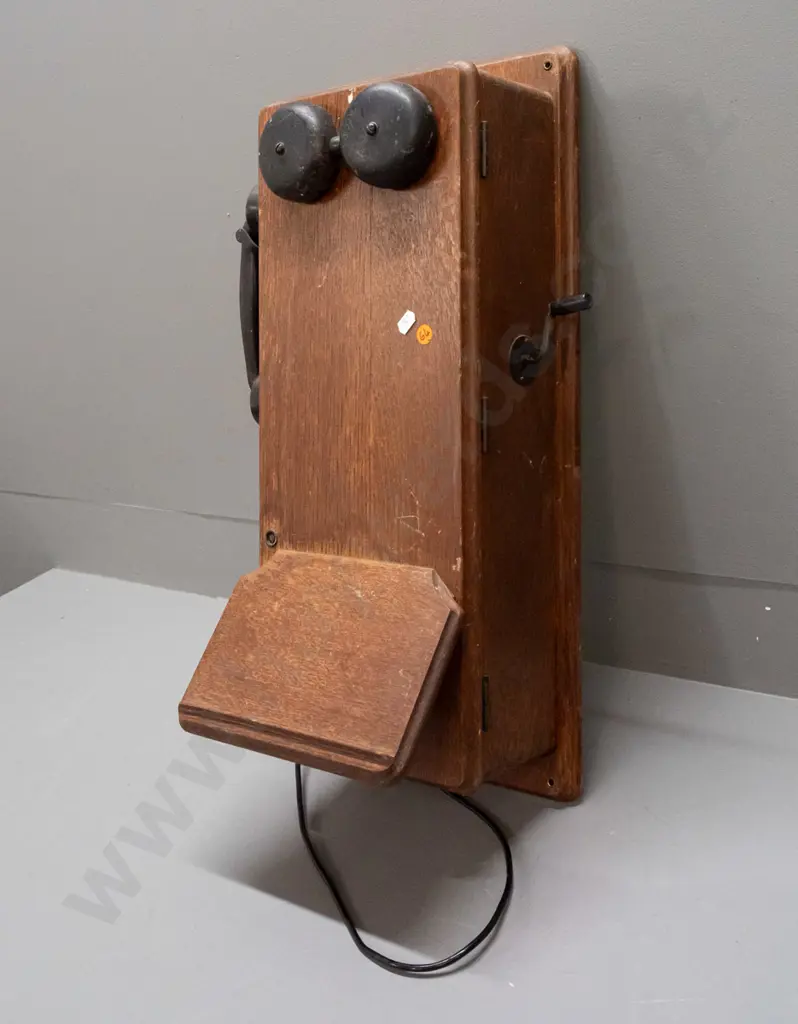 vintage oak-cased wall mount hand-crank telephone with bakelite hand set - fitted with 2 batteries made in 1971, inside Image 1++
