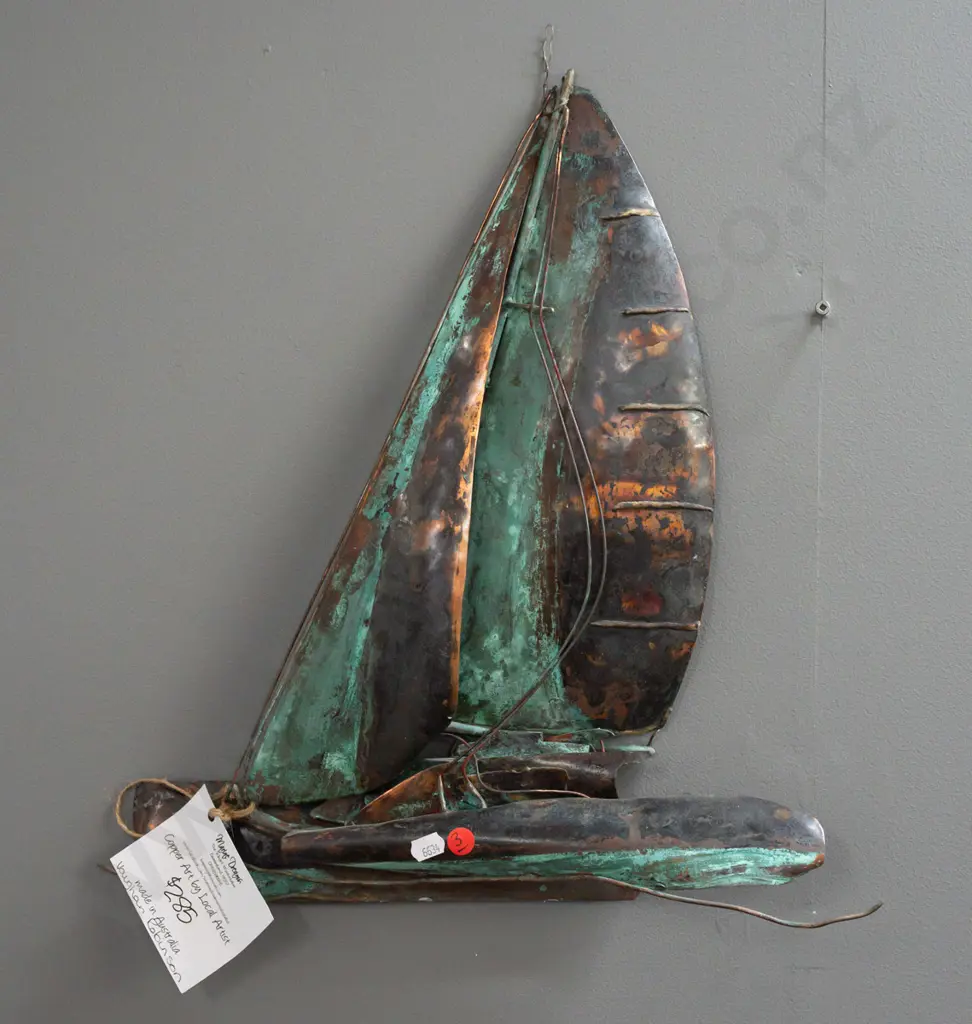 copper yacht wall art - by Vaughan Robinson according to label - may need some attention, possibly some parts loose Image 1++