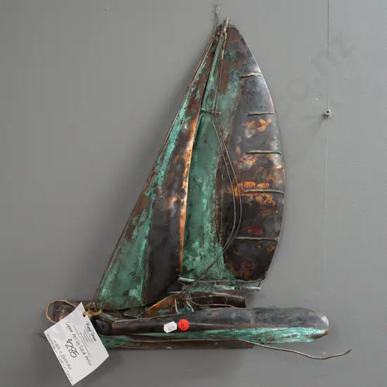 copper yacht wall art - by Vaughan Robinson according to label - may need some attention, possibly some parts loose