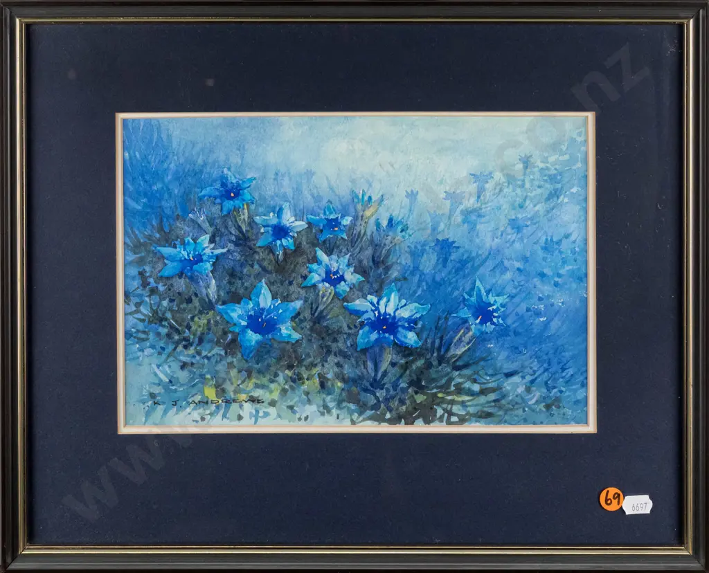 KJ Andrews 1984 - framed watercolour "Gentian Blue" H180 W280 Image 1++