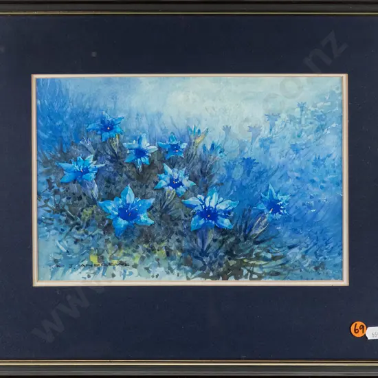 KJ Andrews 1984 - framed watercolour "Gentian Blue" H180 W280