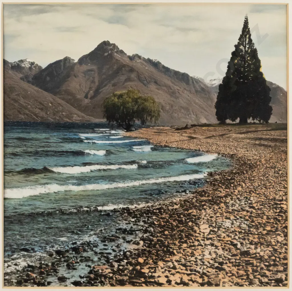 vintage hand coloured photograph - mountain lake shoreline - H240 W-240 Image 1++