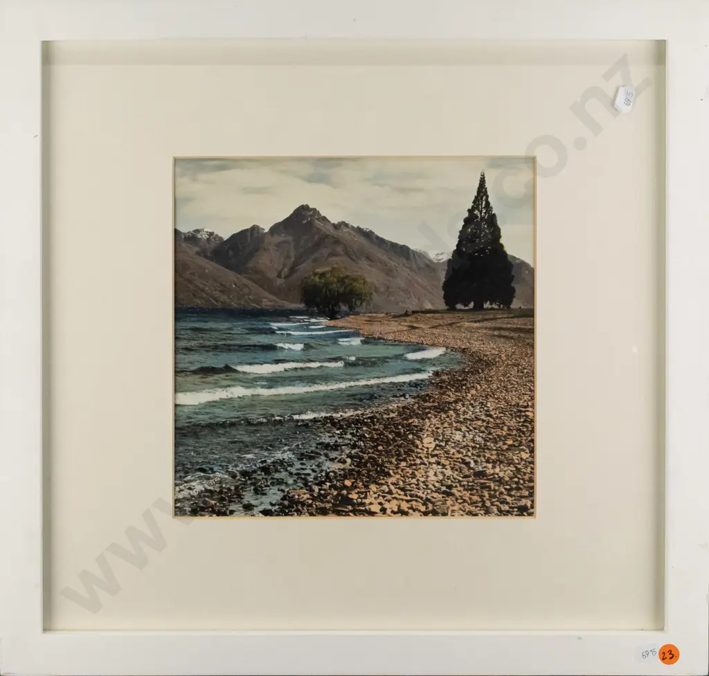 vintage hand coloured photograph - mountain lake shoreline - H240 W-240 Image 1++