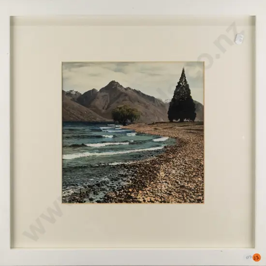 vintage hand coloured photograph - mountain lake shoreline - H240 W-240