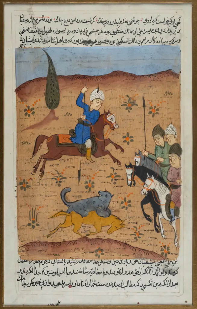 framed middle eastern watercolour - hunting scene H230 W150 (slight warping of paper) Image 1++