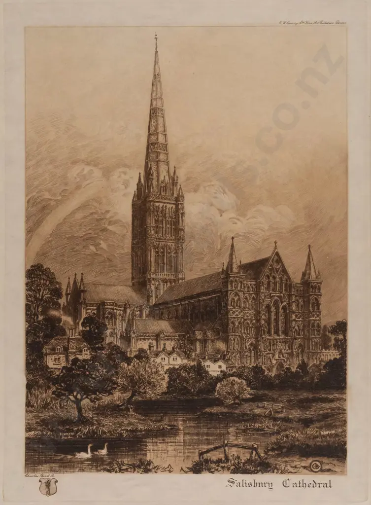 gilt-framed vintage etching - Salisbury Cathedral - Charles Bird / published E.W. Savory, Bristol H320 W-240 Image 1++
