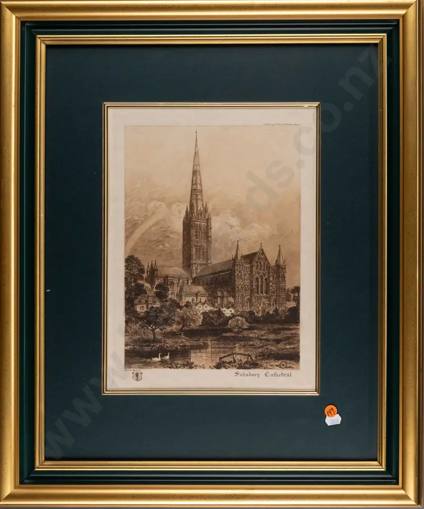 gilt-framed vintage etching - Salisbury Cathedral - Charles Bird / published E.W. Savory, Bristol H320 W-240 Image 1++