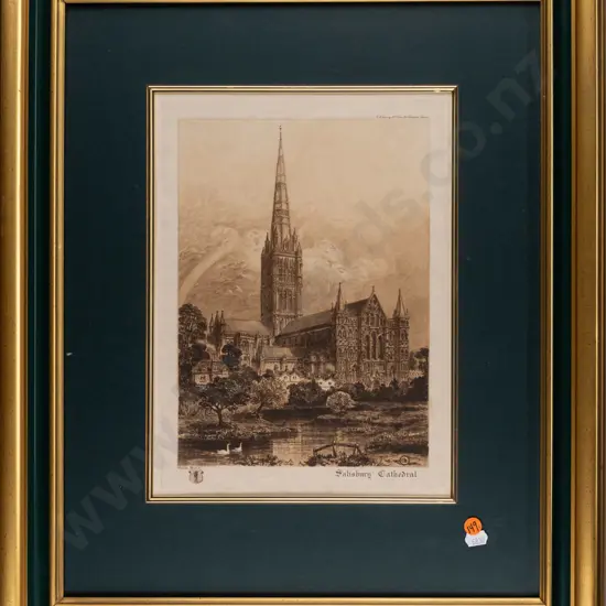 gilt-framed vintage etching - Salisbury Cathedral - Charles Bird / published E.W. Savory, Bristol H320 W-240