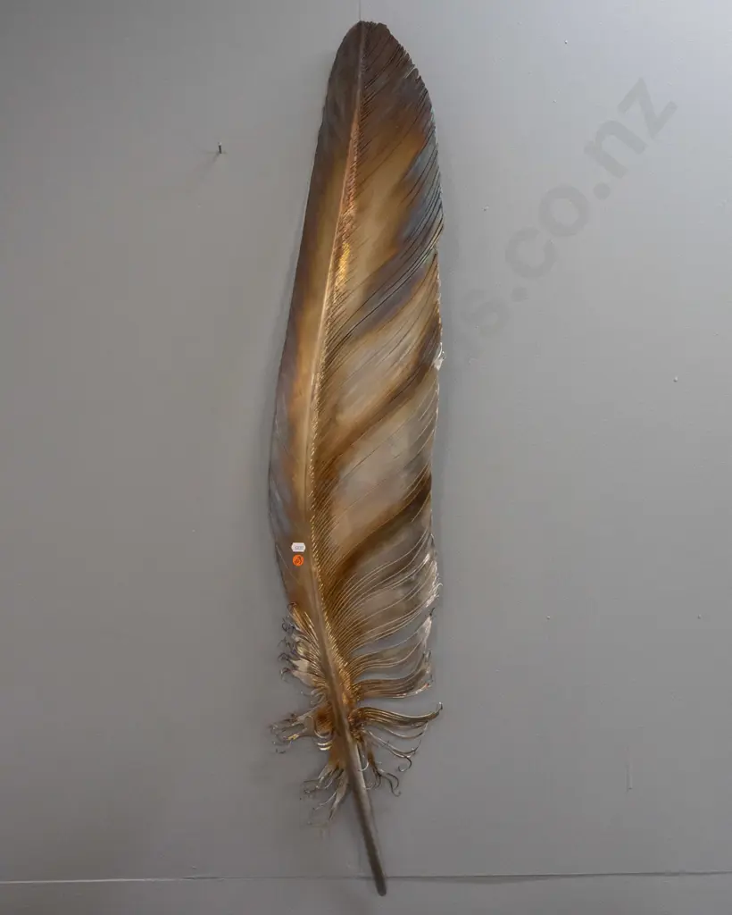 large wall-mount stainless steel feather, patina'd surface, made by Merv Sarson, dated 4/4/06. H-1120 W-210 Image 1++