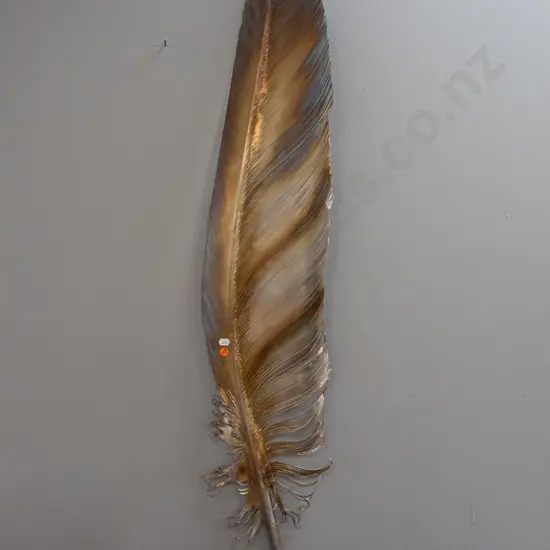 large wall-mount stainless steel feather, patina'd surface, made by Merv Sarson, dated 4/4/06. H-1120 W-210