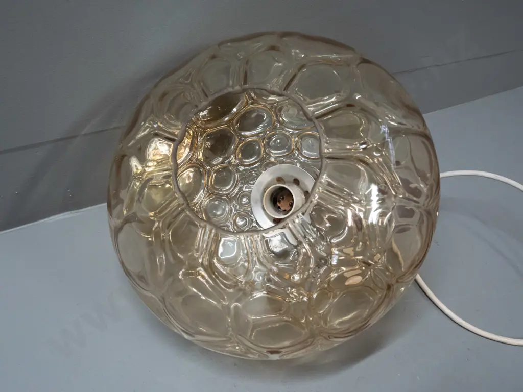 retro light amber glass textured bubble motif ceiling light with timber ceiling rose and cord fitting H-280 D-310 Image 1++
