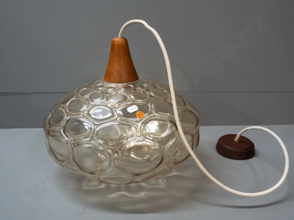 retro light amber glass textured bubble motif ceiling light with timber ceiling rose and cord fitting H-280 D-310 Image 1++