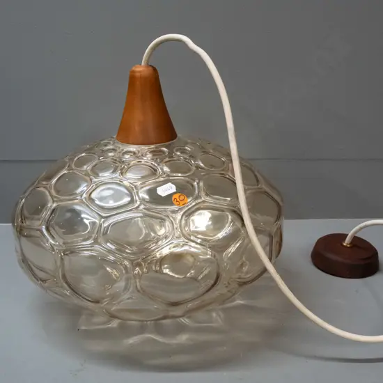 retro light amber glass textured bubble motif ceiling light with timber ceiling rose and cord fitting H-280 D-310