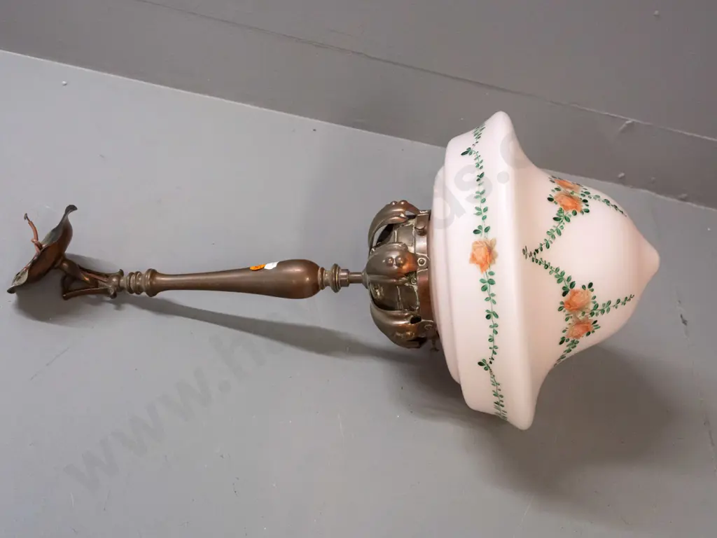 vintage arts & crafts style ceiling light fitting - copper journal with strapped design and hand painted floral over Image 1++
