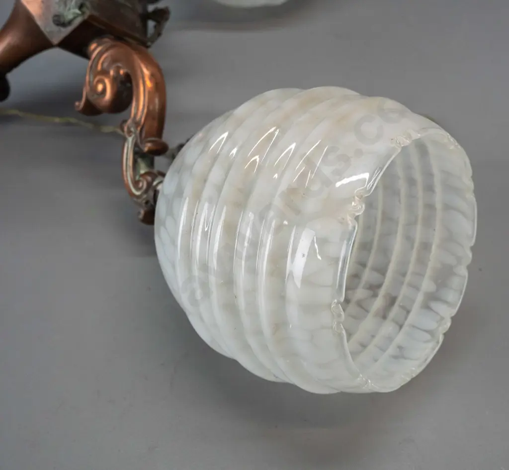 vintage 3-light copper finish brass ceiling light fitting with rose and chains, frilled edge ribbed and mottled white Image 1++