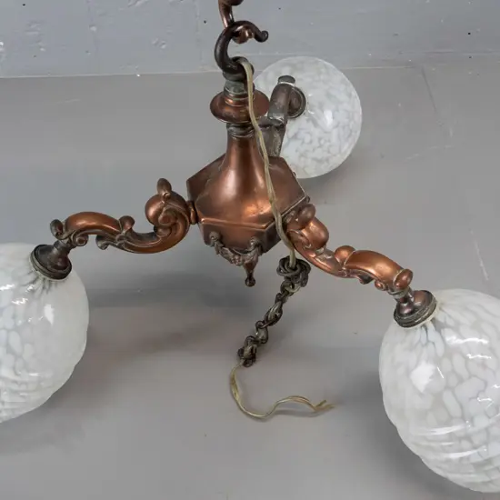 vintage 3-light copper finish brass ceiling light fitting with rose and chains, frilled edge ribbed and mottled white