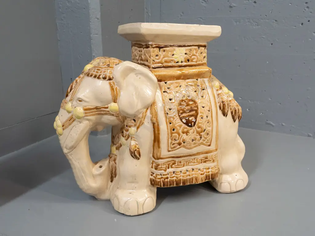 ceramic elephant plant stand in ivory, brown & ochre yellow glaze - a few small firing or glaze faults H-400 L-450 W-180 Image 1++
