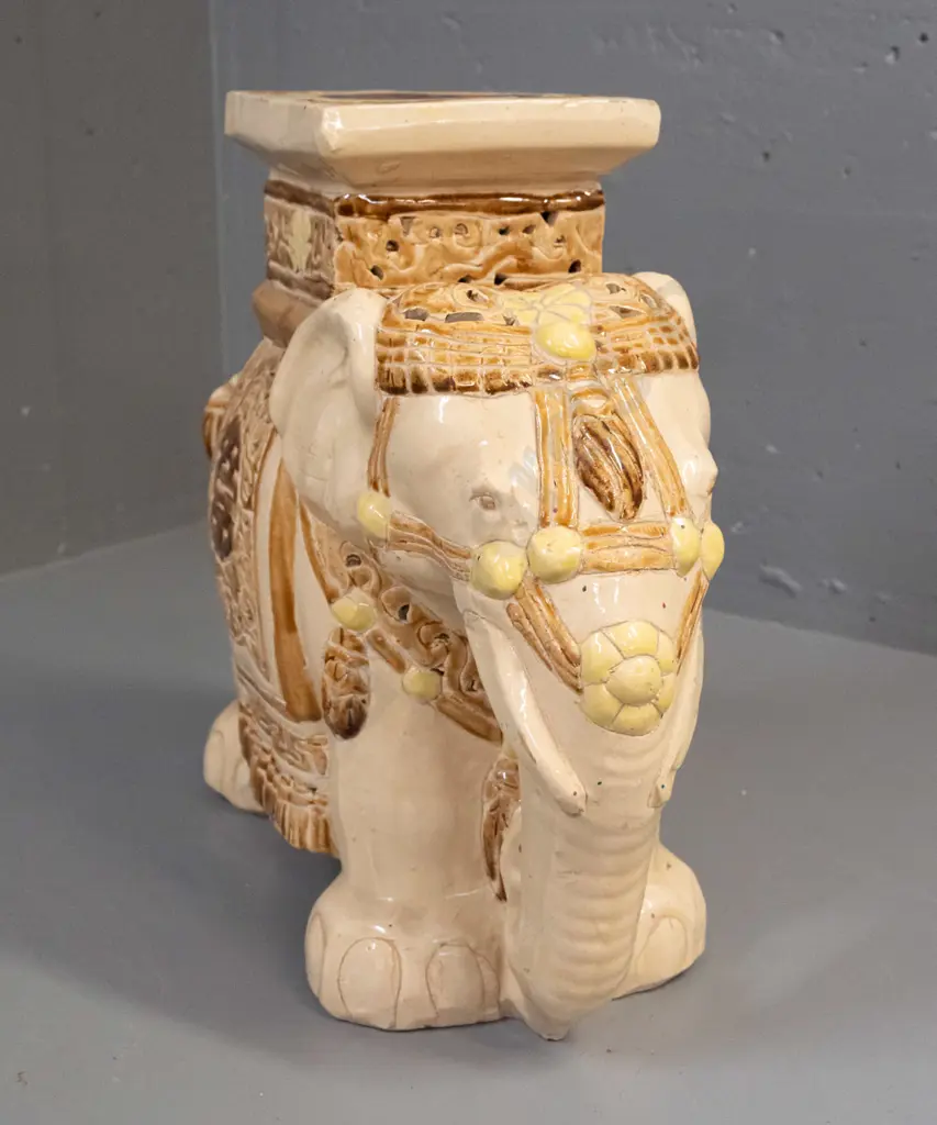 ceramic elephant plant stand in ivory, brown & ochre yellow glaze - a few small firing or glaze faults H-400 L-450 W-180 Image 1++