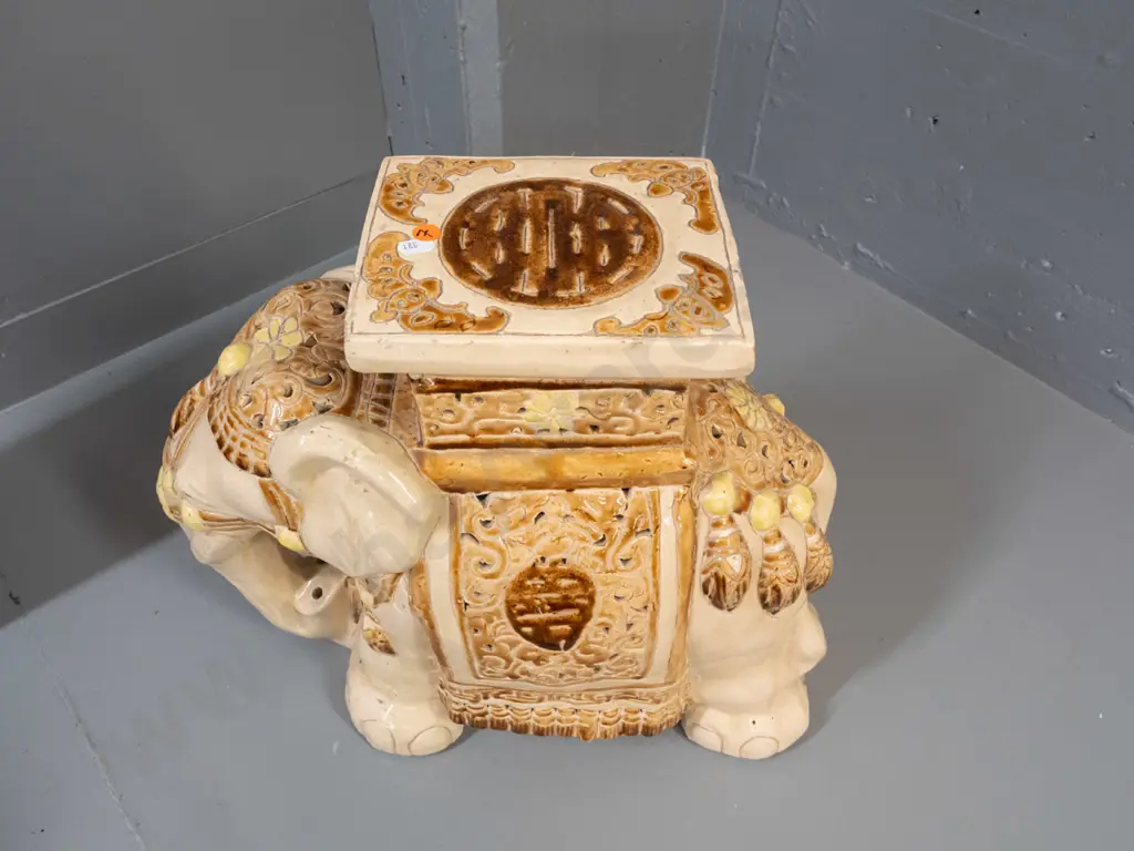 ceramic elephant plant stand in ivory, brown & ochre yellow glaze - a few small firing or glaze faults H-400 L-450 W-180 Image 1++