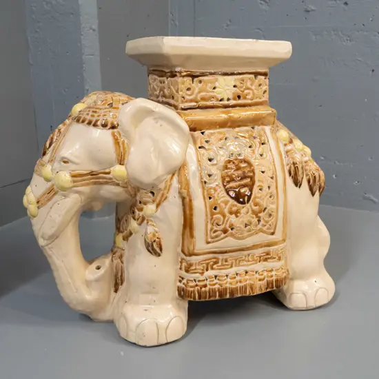 ceramic elephant plant stand in ivory, brown & ochre yellow glaze - a few small firing or glaze faults H-400 L-450 W-180